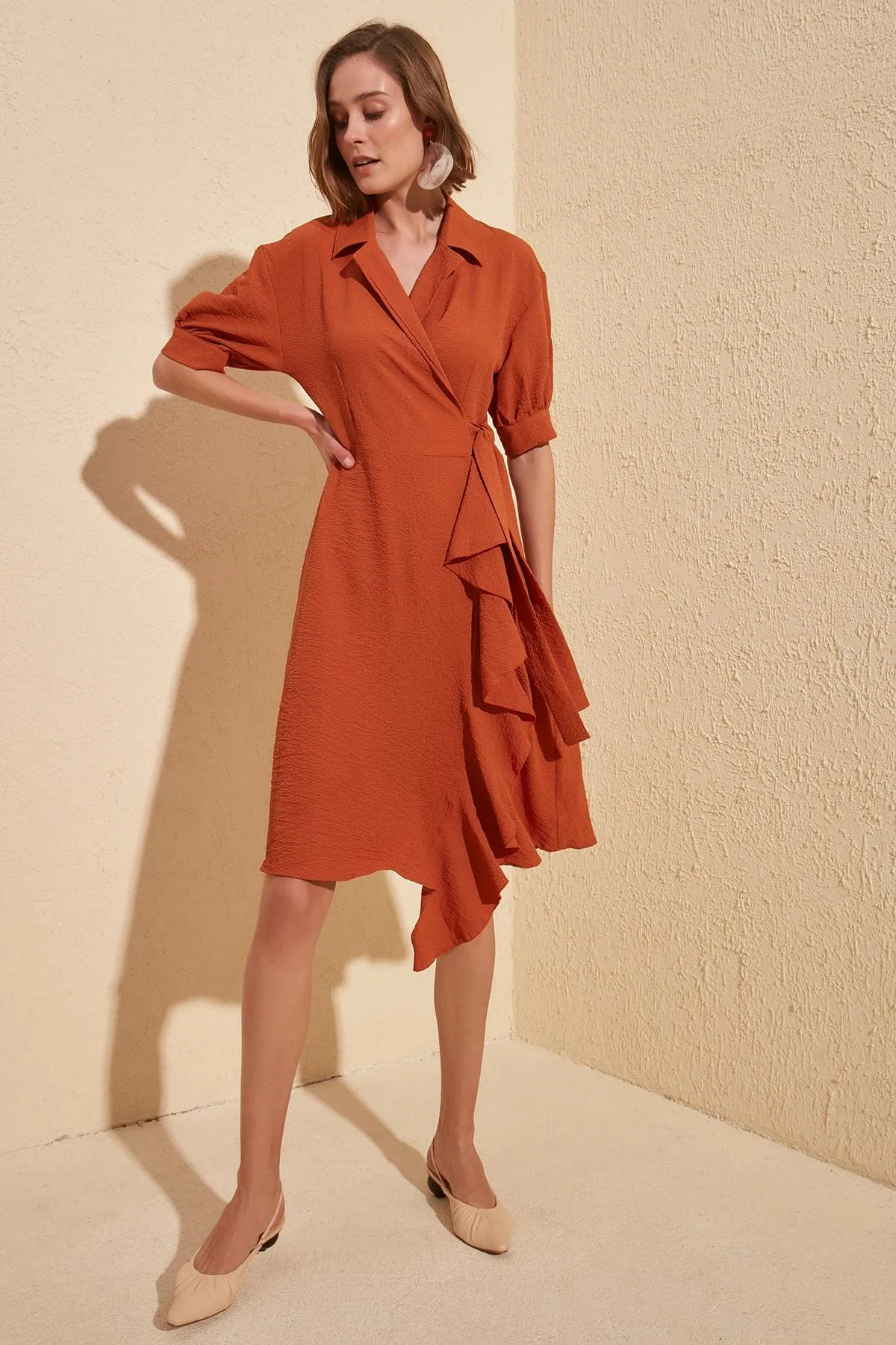 16469 Burnt Orange Ruffle Wrap Dress