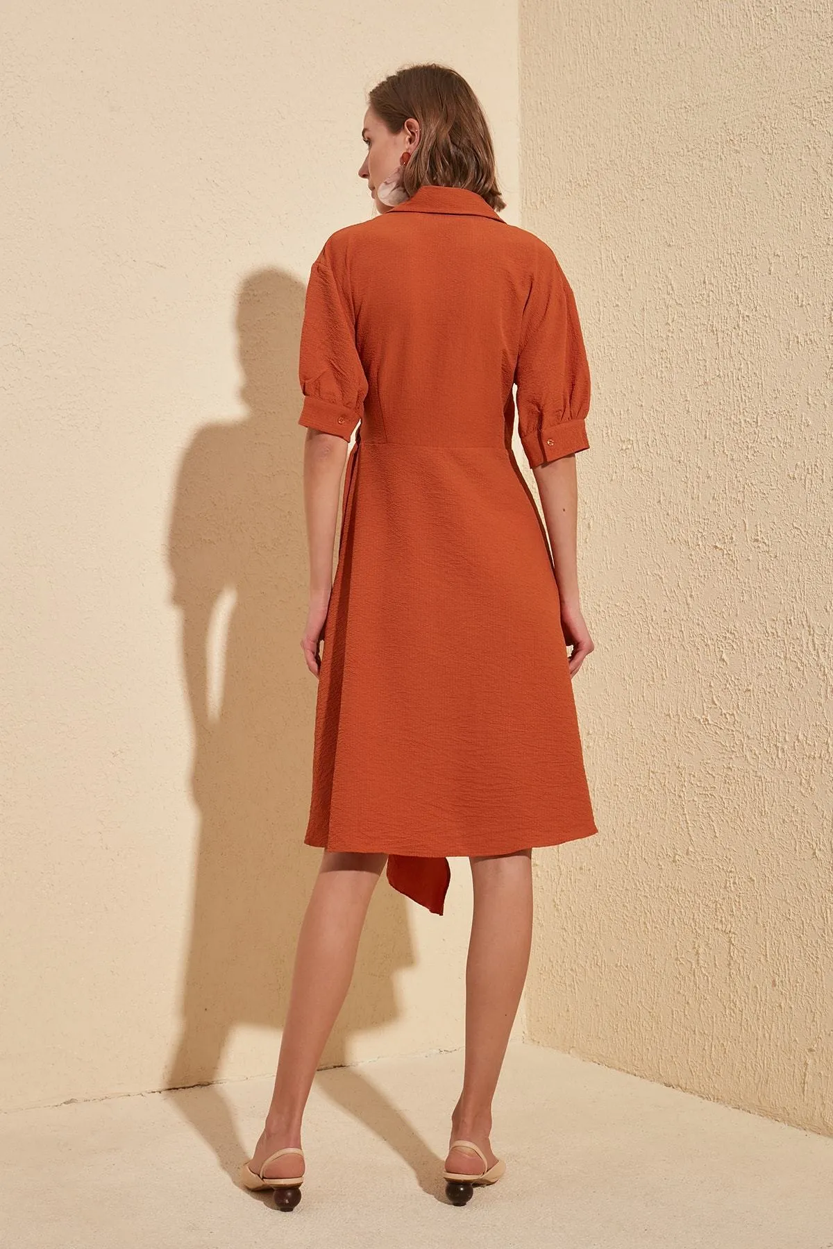 16469 Burnt Orange Ruffle Wrap Dress