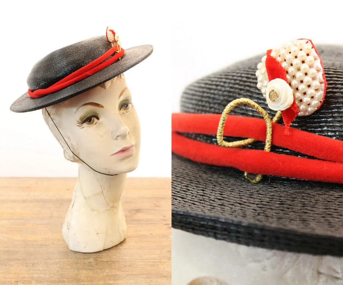 1950s Bon Marche straw boater hat tilt hat | new spring summer