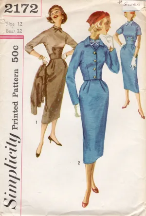 1950's Simplicity Fitted Waist Sheath Dress and Bolero Jacket - Bust 32" - No. 2172