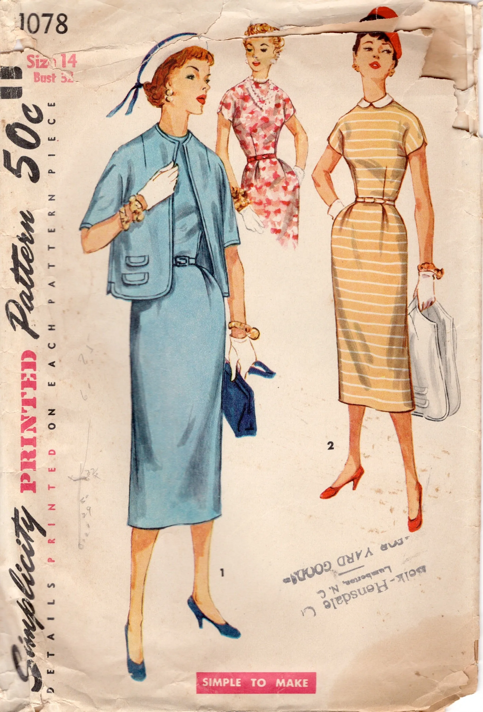 1950's Simplicity Sheath Dress Pattern with Detachable Collar and Bolero Jacket - Bust 32" - No. 1078