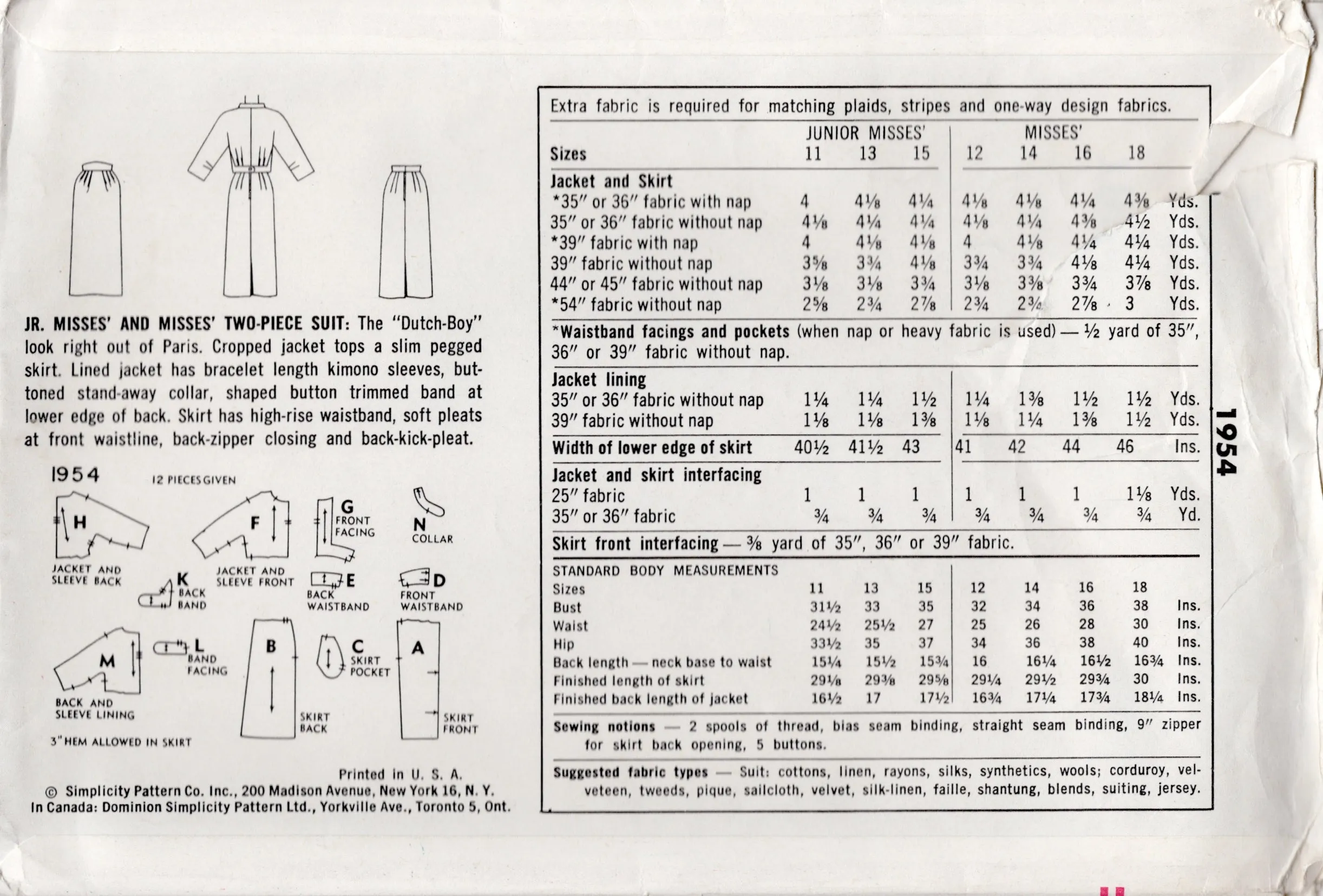 1950's Simplicity Two Piece Suit Pattern with Cropped Jacket and Sheath Skirt - Bust 31.5" - No. 1954