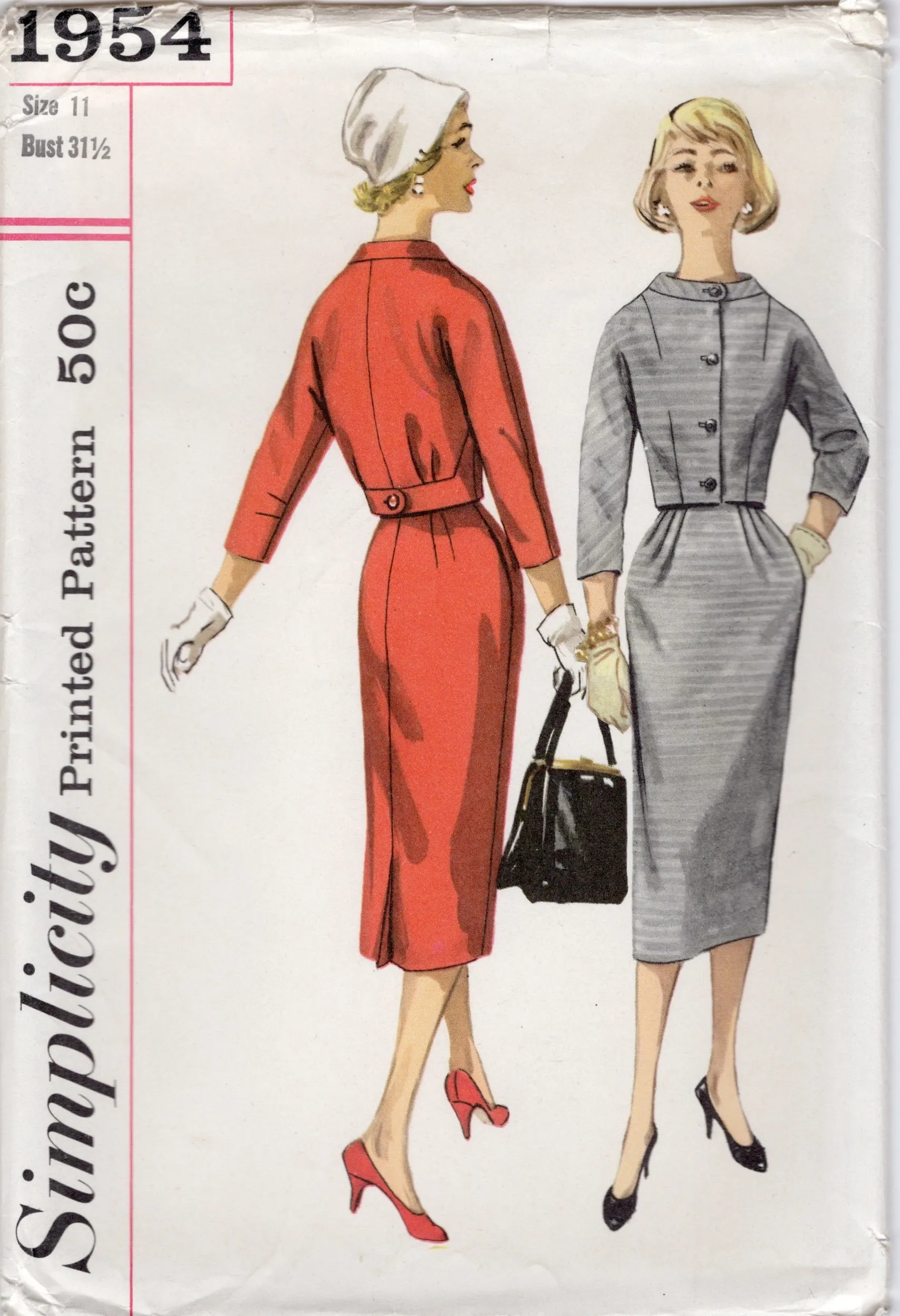 1950's Simplicity Two Piece Suit Pattern with Cropped Jacket and Sheath Skirt - Bust 31.5" - No. 1954