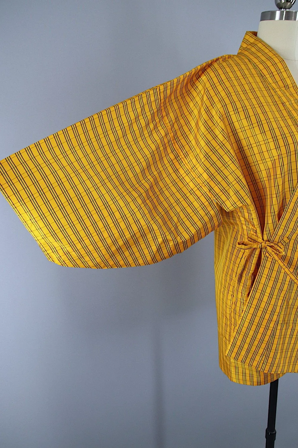 1980s Vintage Kimono Jacket Coat Douchugi / Yellow & Black Plaid