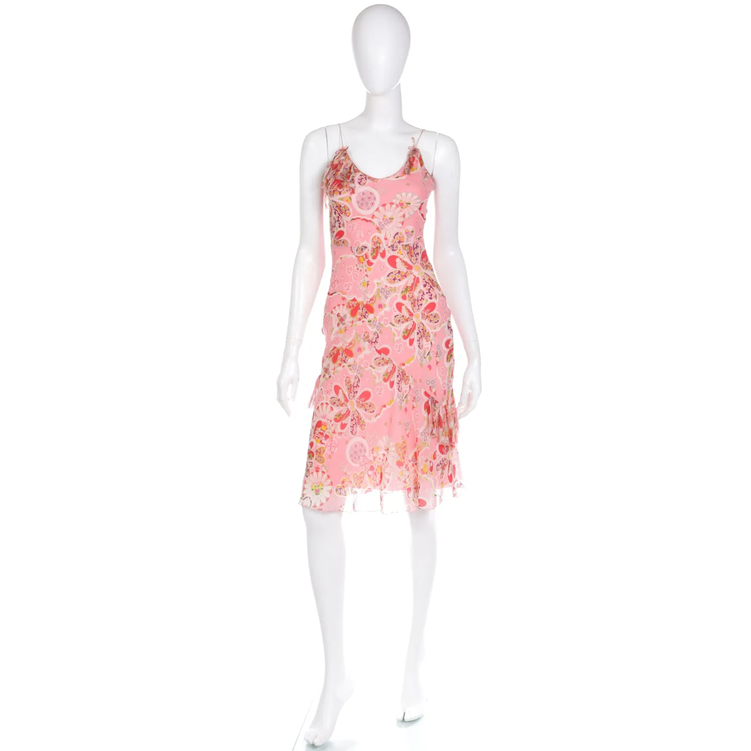 2000's Y2K John Galliano Pink Silk Chiffon Floral Bias Cut Dress