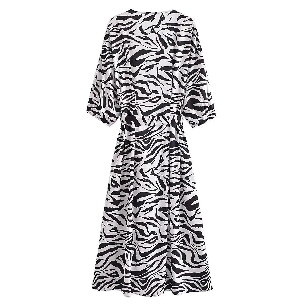 2022 Autumn Animal Zebra Print Belted V Neck Single Breasted Midi Casual Dress