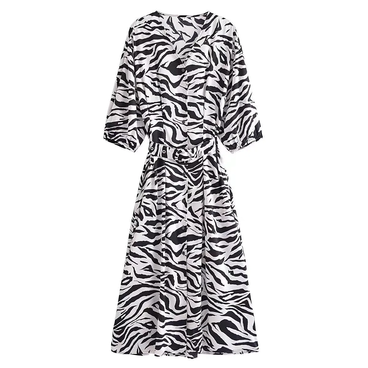 2022 Autumn Animal Zebra Print Belted V Neck Single Breasted Midi Casual Dress