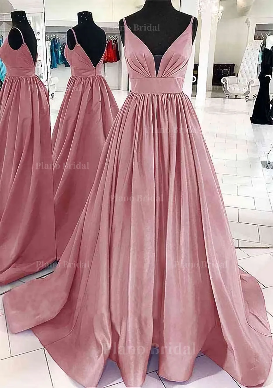 A-line V Neck Sleeveless Satin Sweep Train Prom Dress With Pleated