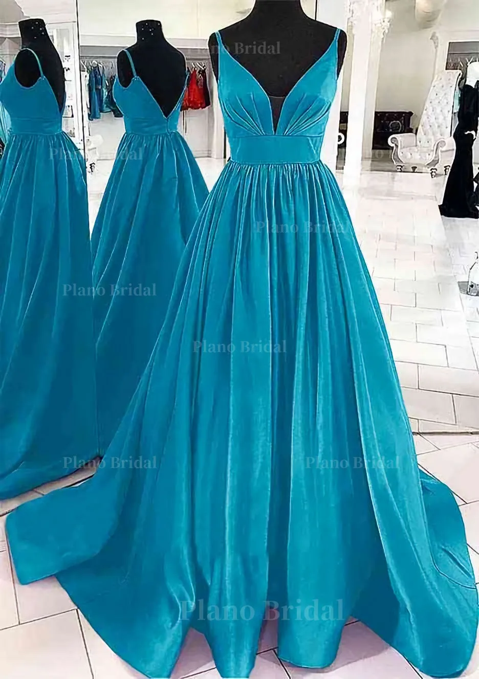 A-line V Neck Sleeveless Satin Sweep Train Prom Dress With Pleated