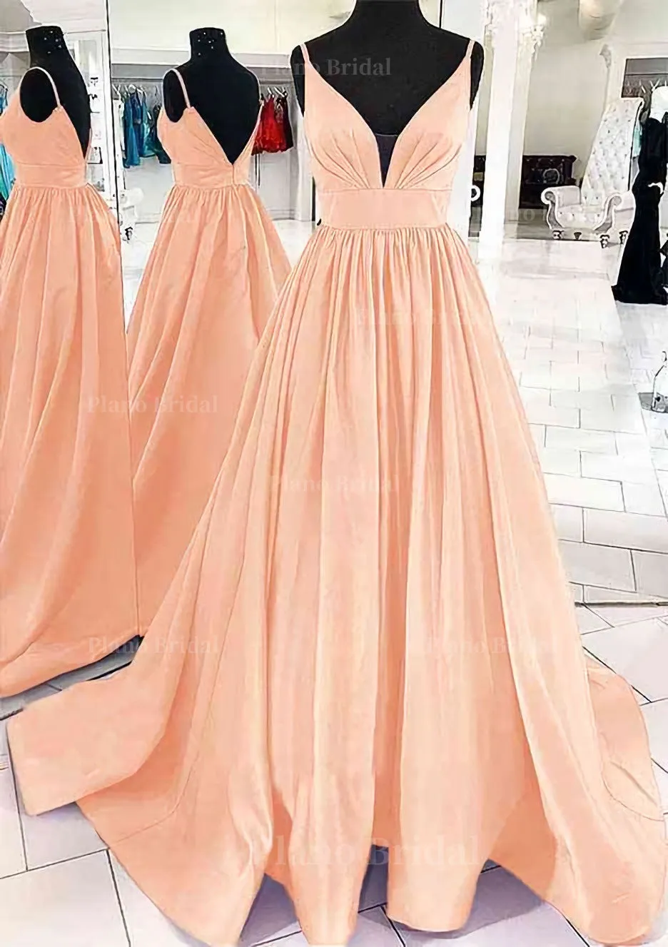 A-line V Neck Sleeveless Satin Sweep Train Prom Dress With Pleated