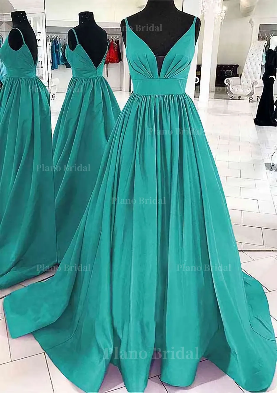 A-line V Neck Sleeveless Satin Sweep Train Prom Dress With Pleated