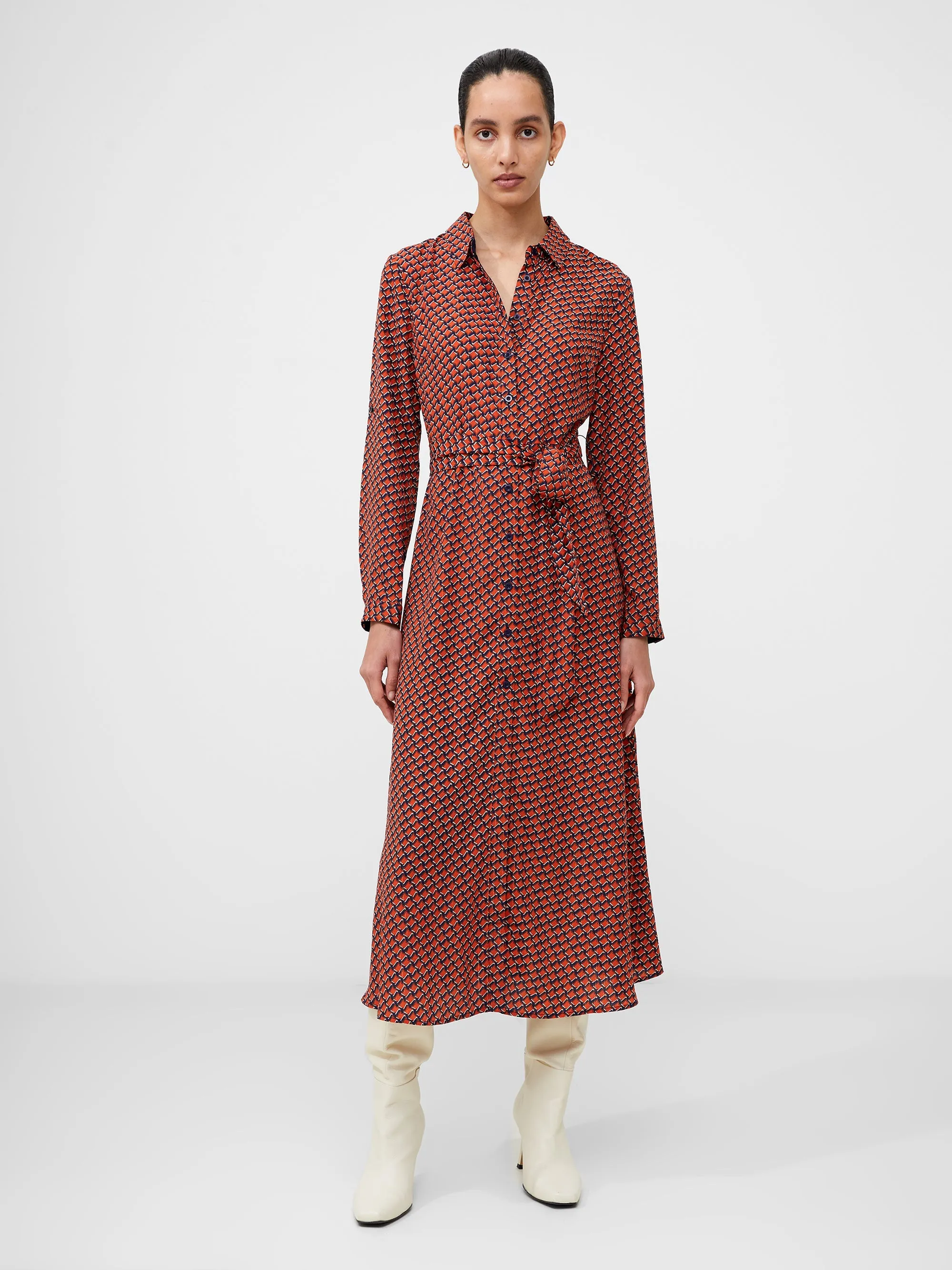 Abstract Belted Midi Shirt Dress