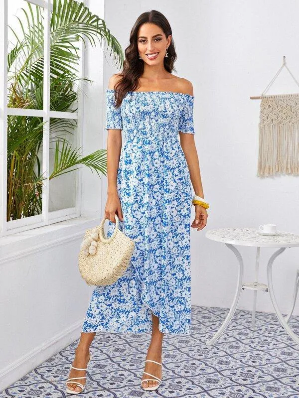 Allover Floral Print Shirred Bodice Wrap Front Bardot Dress