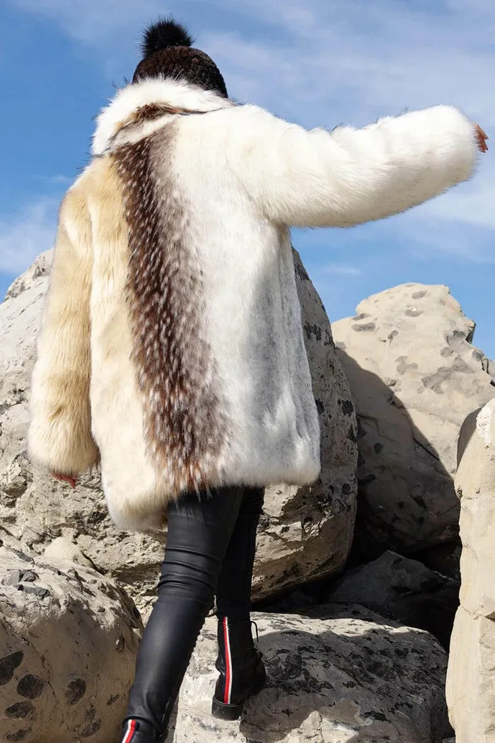 Arctic Wolf Faux Fur Shawl Collar Coat