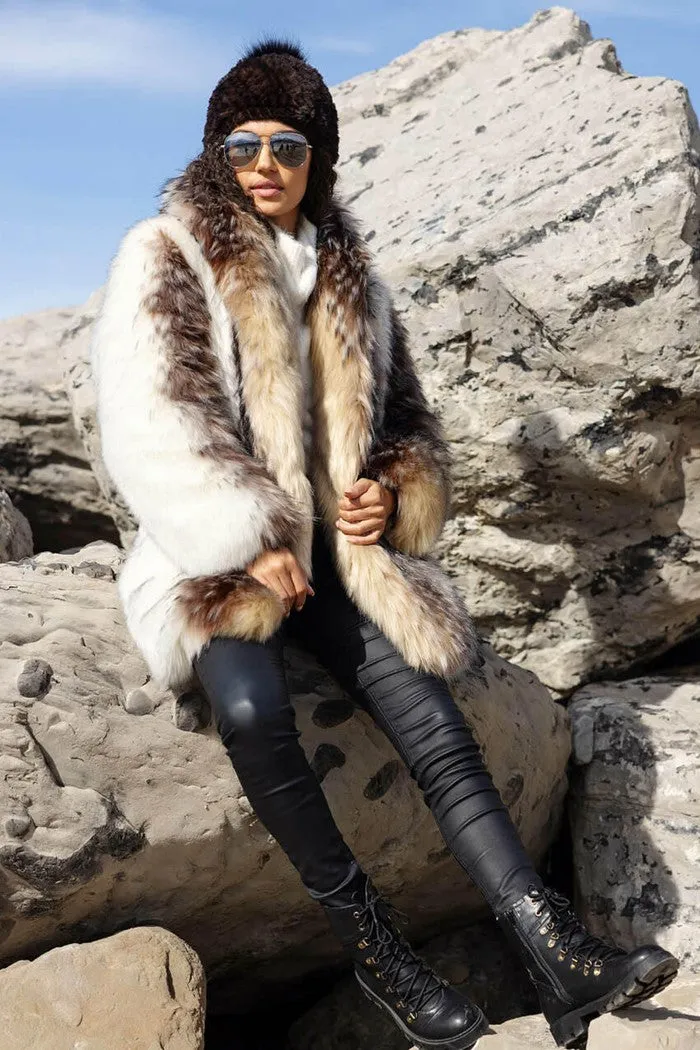 Arctic Wolf Faux Fur Shawl Collar Coat