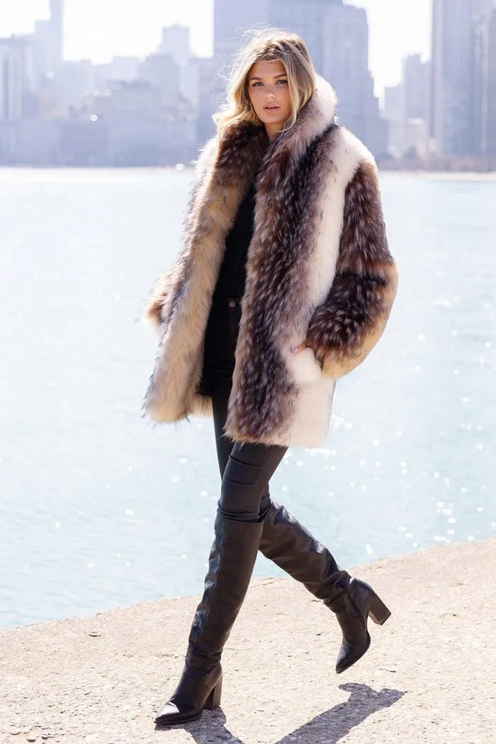 Arctic Wolf Faux Fur Shawl Collar Coat