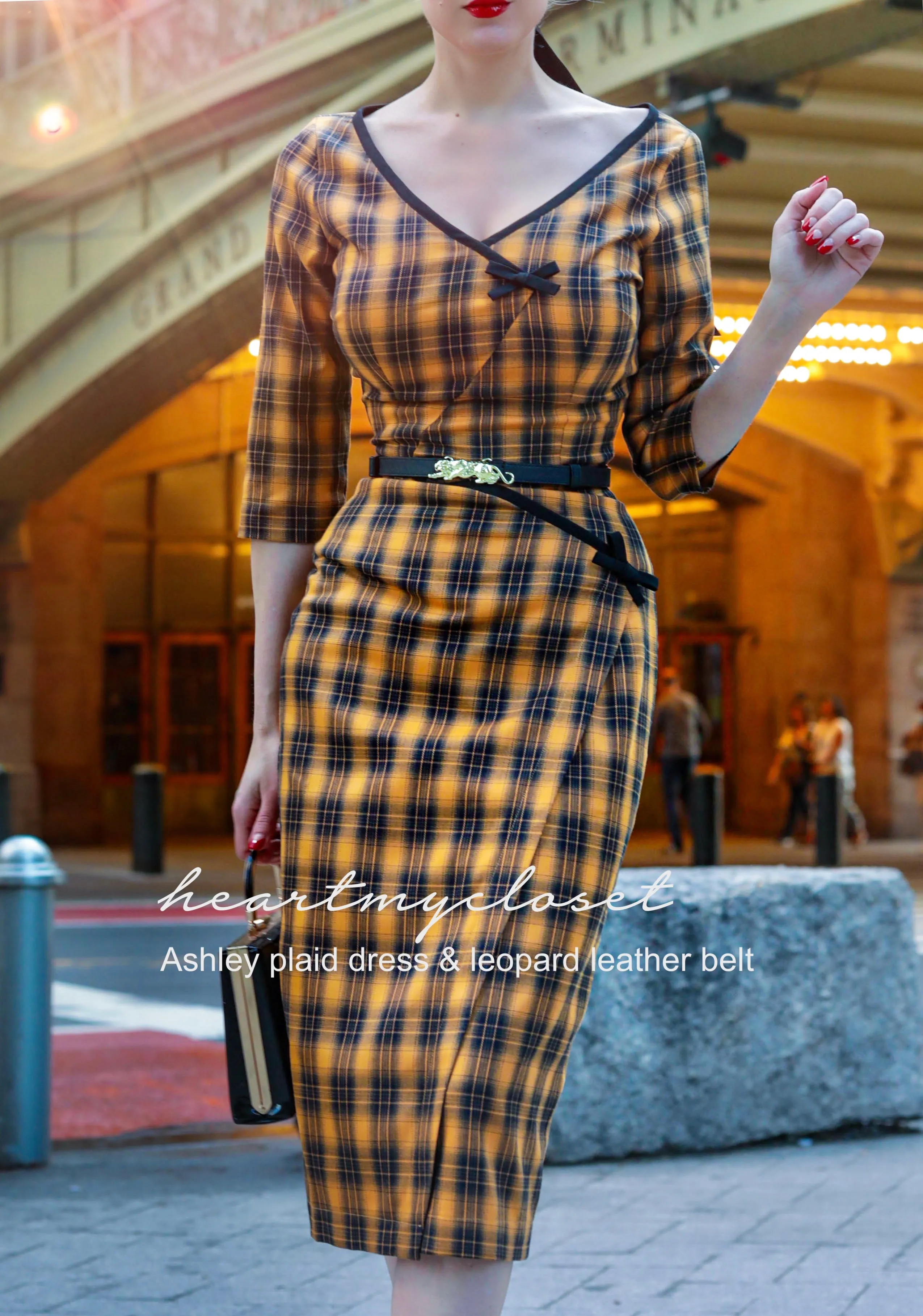 Ashley plaid- retro vintage bow dress pencil