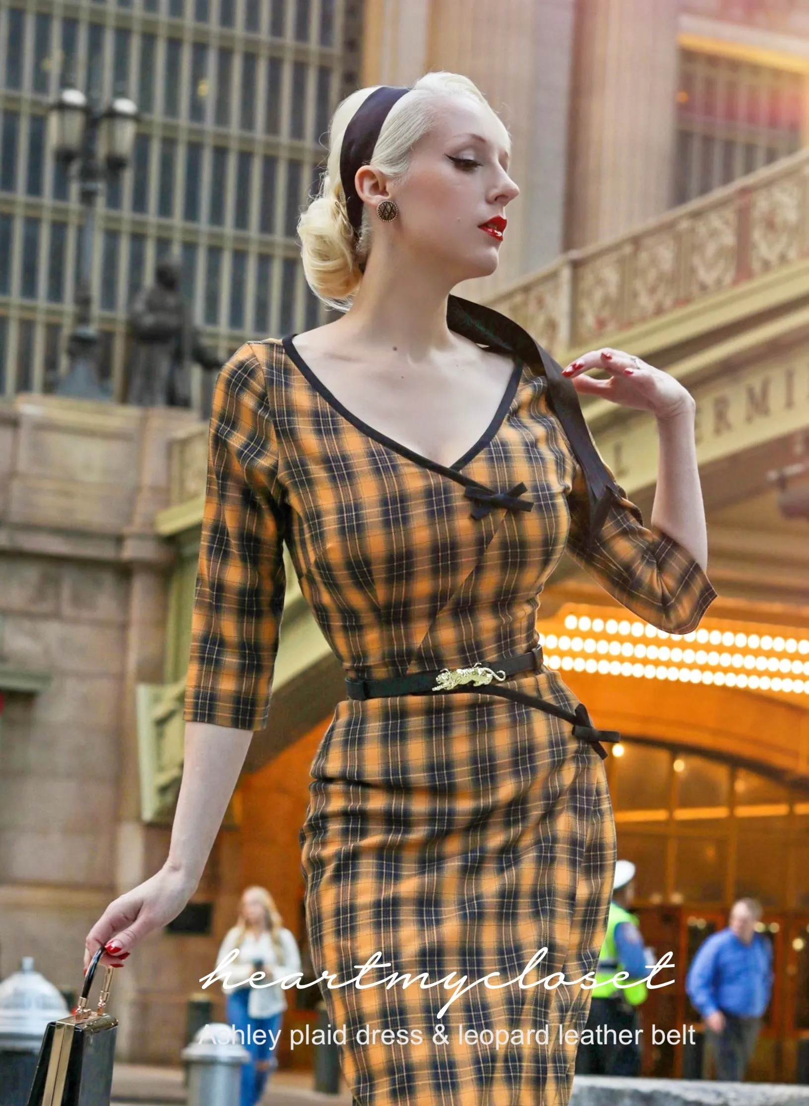 Ashley plaid- retro vintage bow dress pencil