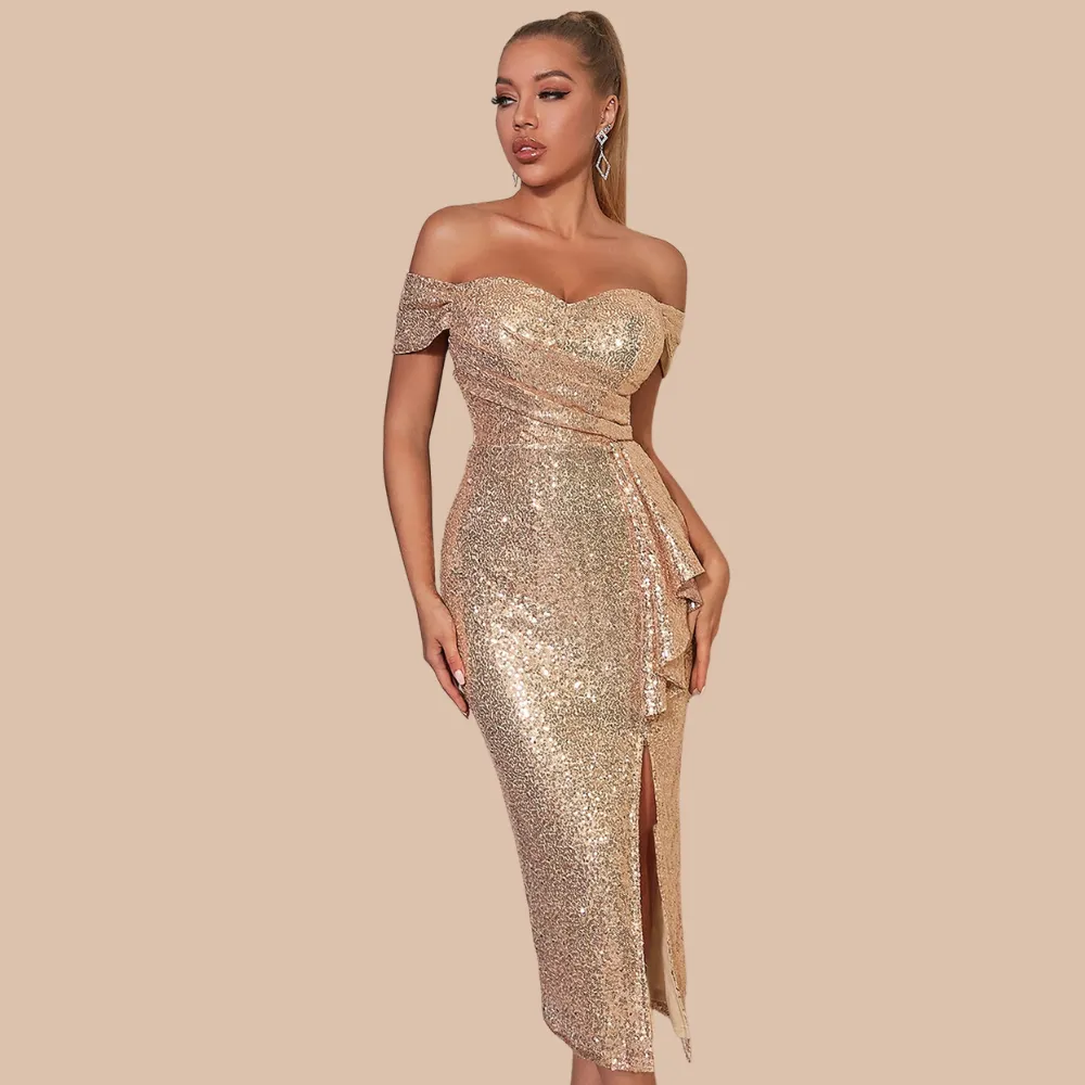 Athena Off Shoulder Gold Sequin Dress