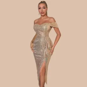 Athena Off Shoulder Gold Sequin Dress