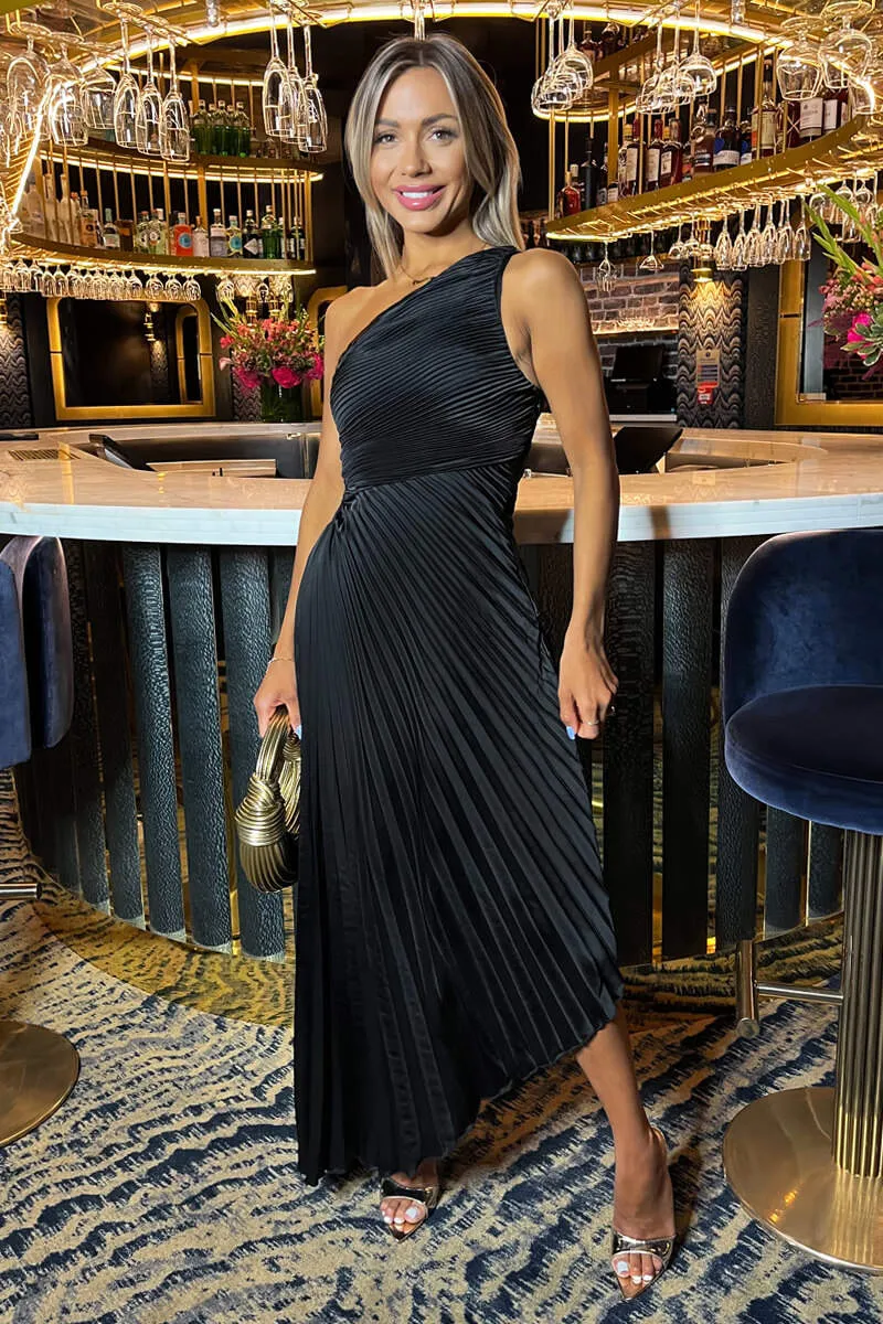 AX PARIS BLACK ONE SHOULDER PLEATED SATIN MIDI DRESS