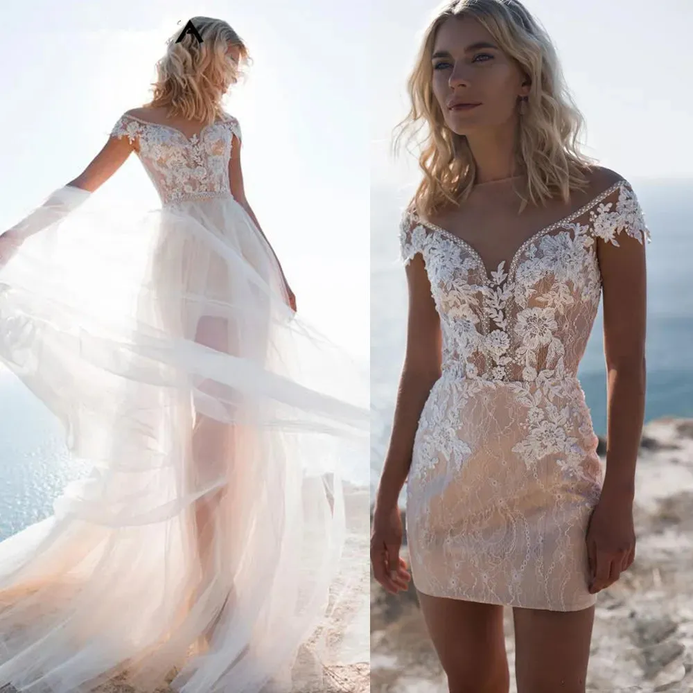 Beach Short Wedding Dresses 2 Pieces Detachable Train Beading Appliques Lace Bridal Gown Customize Cap Sleeve