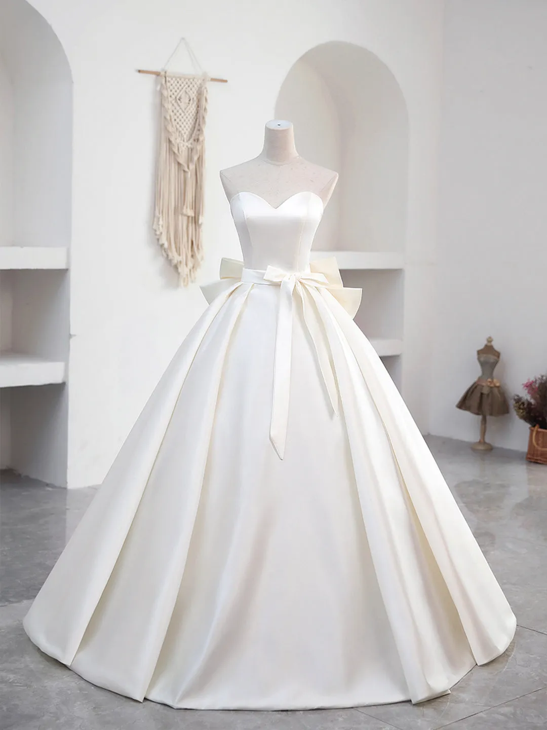 Beautiful Sweetheart Neck Satin Long Prom Dress with Detachable Lace Top, White Formal Wedding  Dress