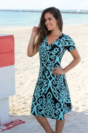 Black and Aqua Printed Wrap Short Dress