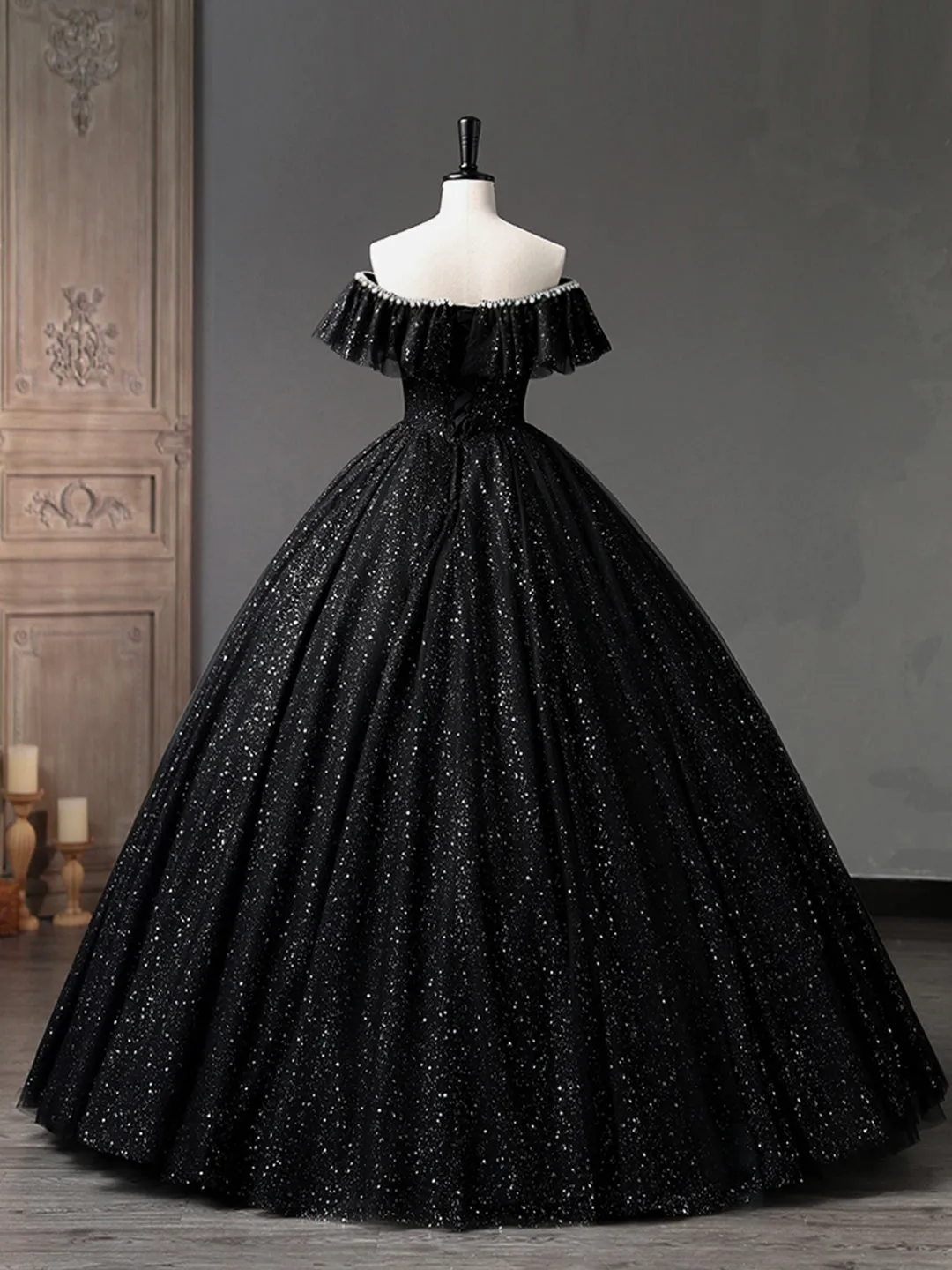 Black Tulle Long A-Line Prom Dress, Shiny Off Shoulder Evening Dress