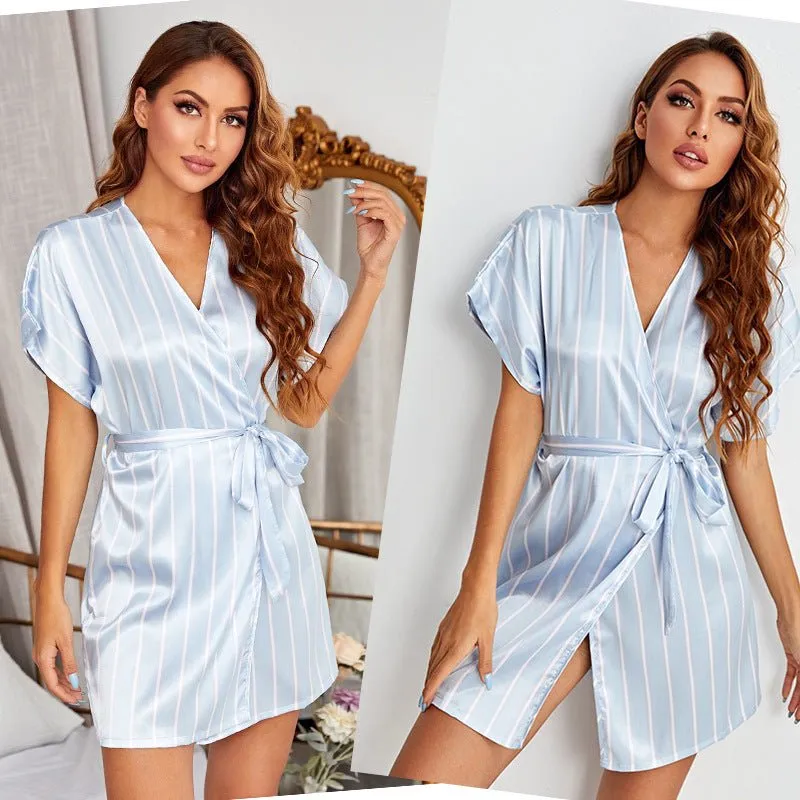 Blue and White Vertical Stripe Wrap Pajama Dress