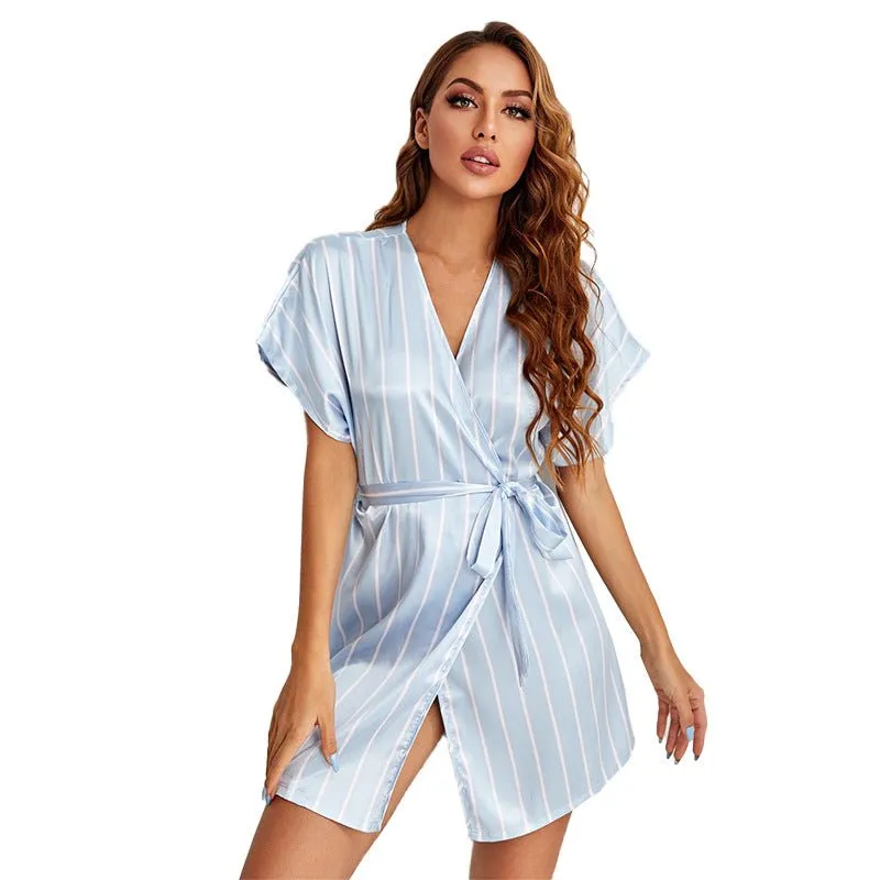 Blue and White Vertical Stripe Wrap Pajama Dress