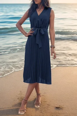 Blue Summer Dress: Elegant Dark Blue Pleated Dress with Tie Waist