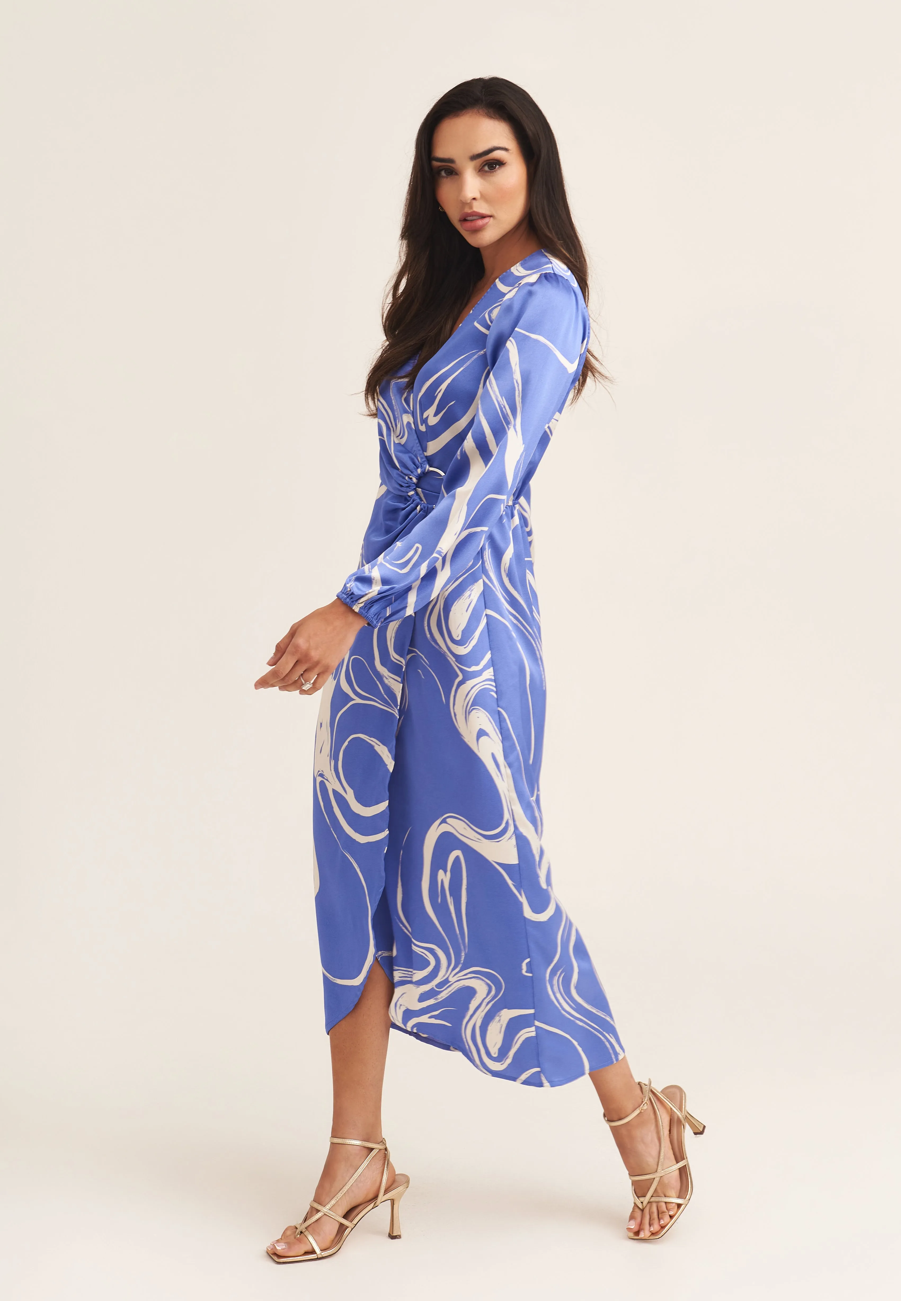 Blue Swirl Print Ring Detail Wrap Midi Dress