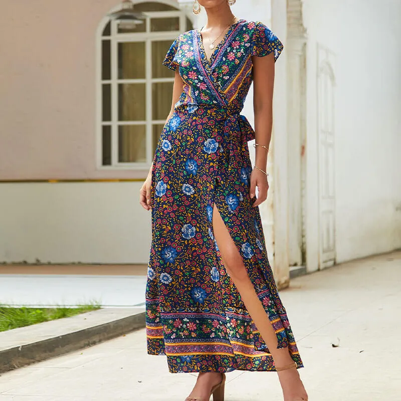 Boho Style Floral Long Wrap Dress