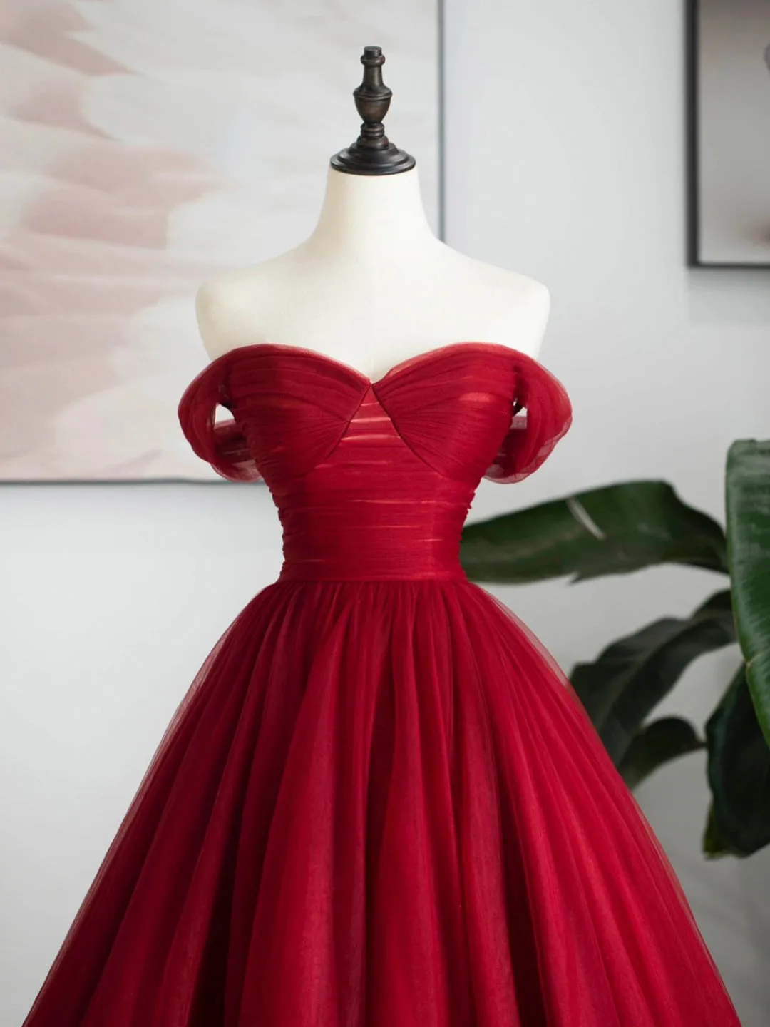 Burgundy Tulle Long Formal Dress, Off Shoulder Evening Dress Party Dress