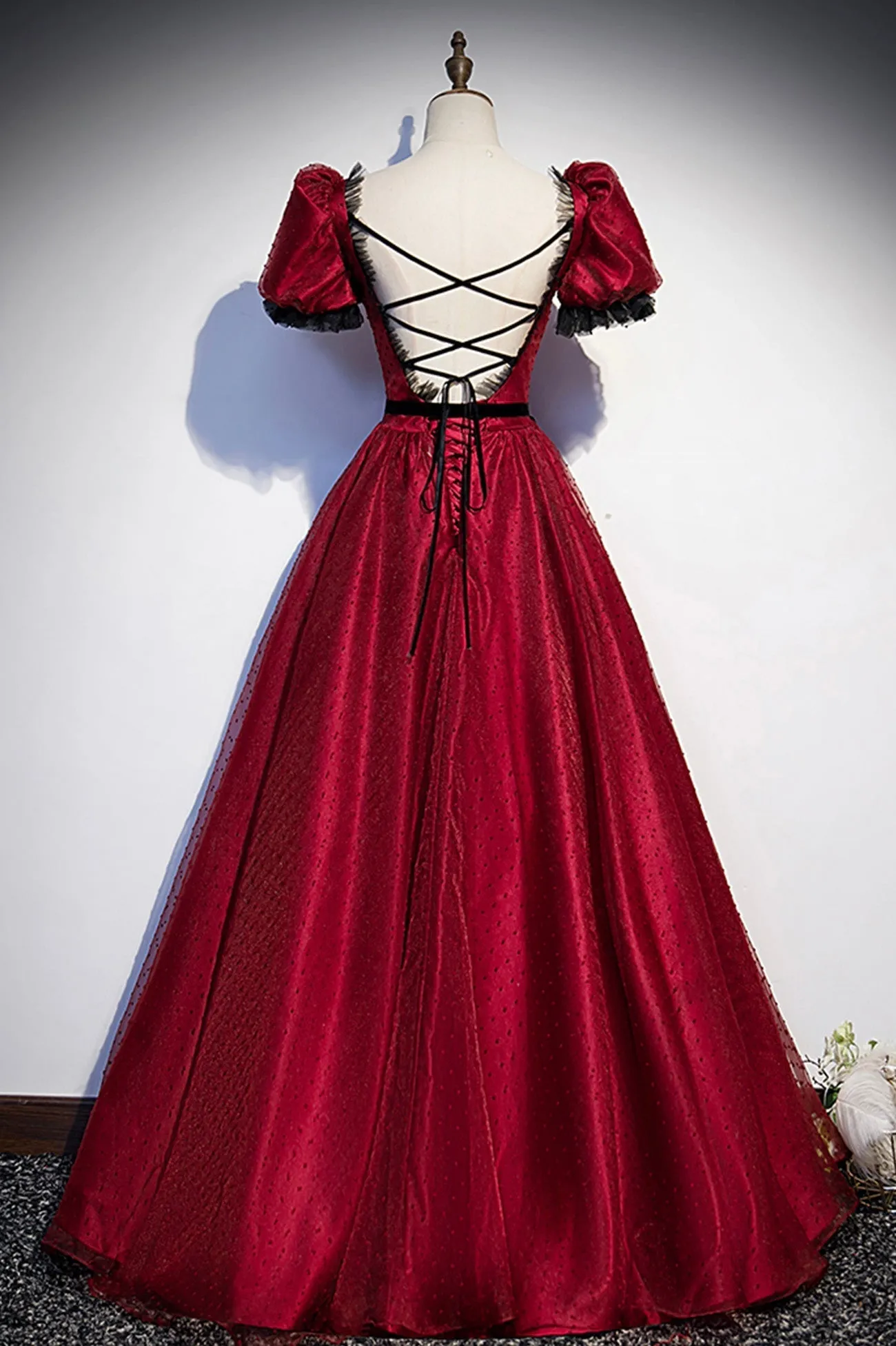 Burgundy Tulle Long Prom Dresses, A-Line Backless Evening Dresses