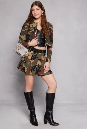 Camo Buckle Belt Pleated Skirt