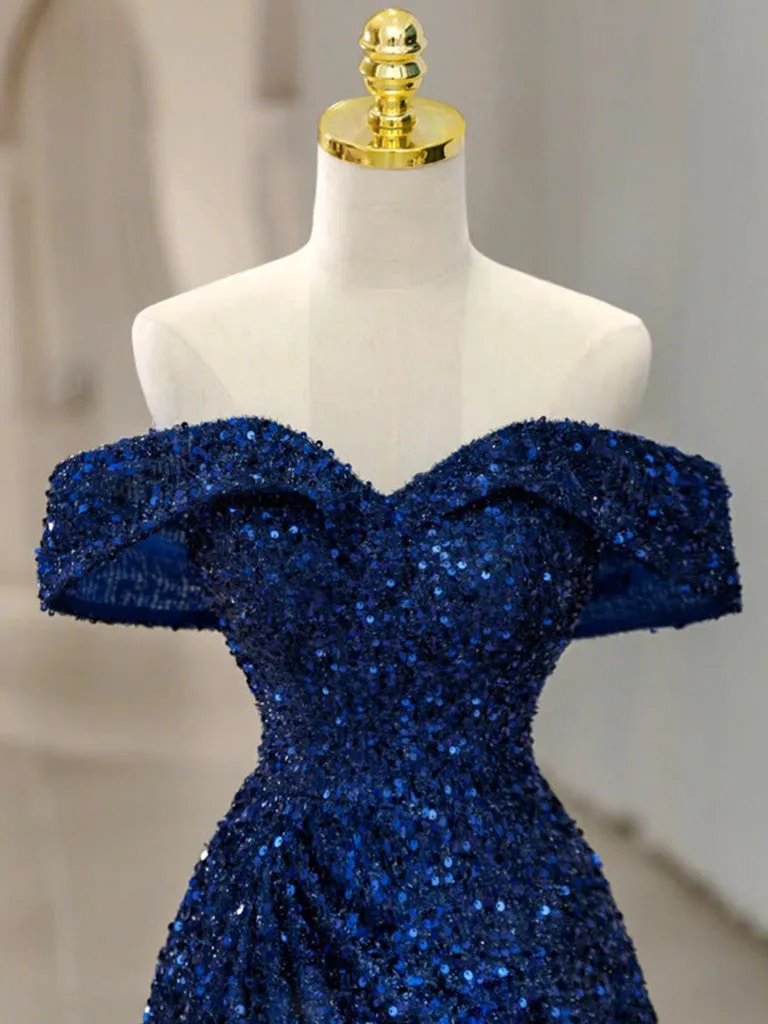 Classic A-line Off the Shoulder Blue Sequins Prom Dress