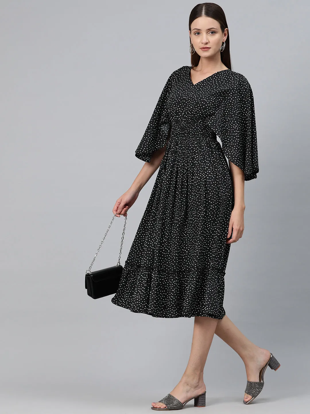 Cottinfab Women Polka Dot Print Flared Sleeve Crepe A-Line Midi Dress