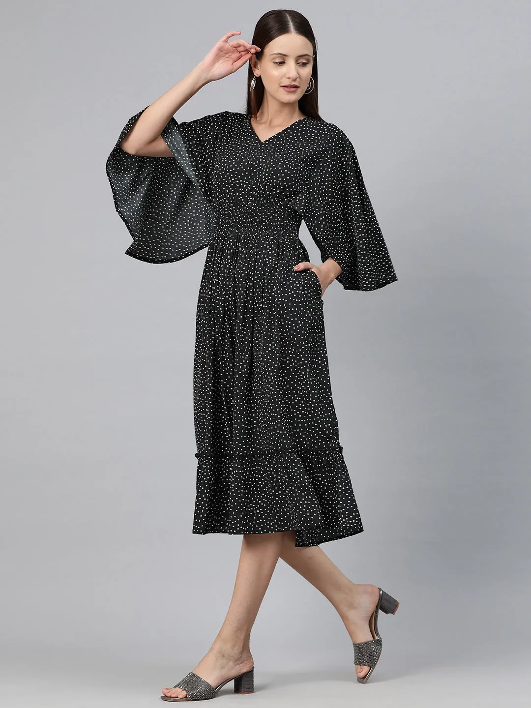 Cottinfab Women Polka Dot Print Flared Sleeve Crepe A-Line Midi Dress