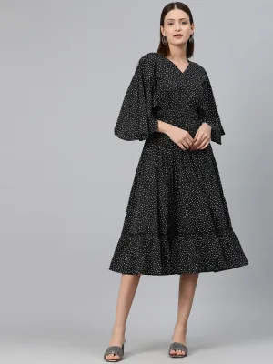 Cottinfab Women Polka Dot Print Flared Sleeve Crepe A-Line Midi Dress