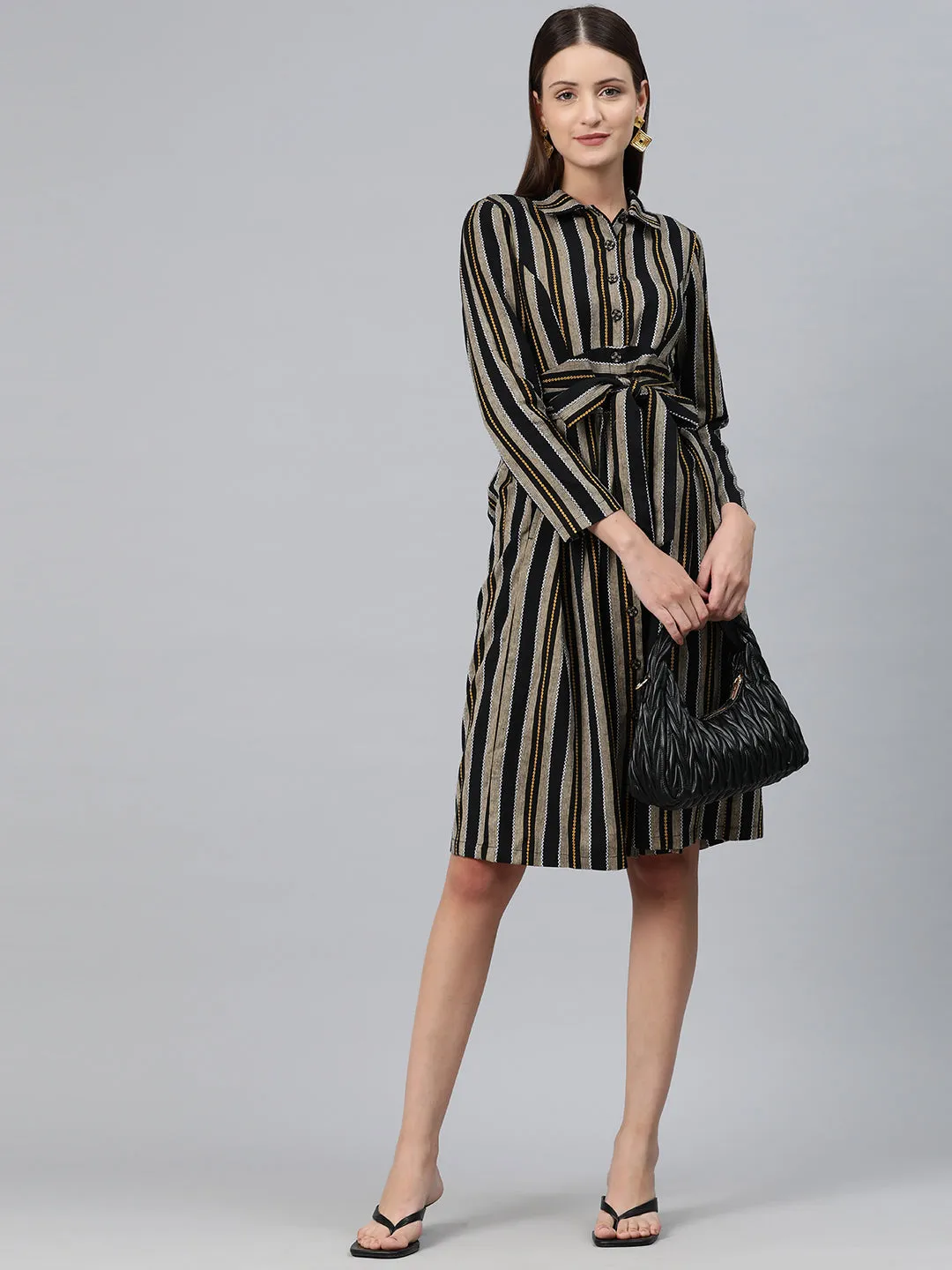 Cottinfab Women Striped Shirt Dress with Tie-Up Detail