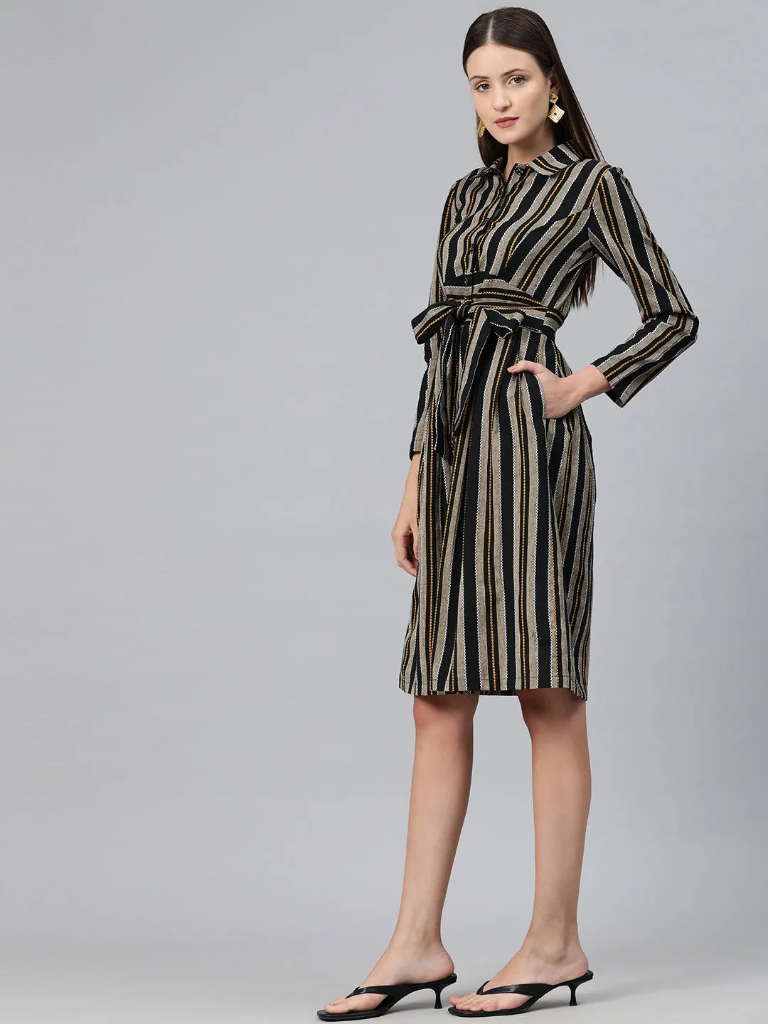 Cottinfab Women Striped Shirt Dress with Tie-Up Detail