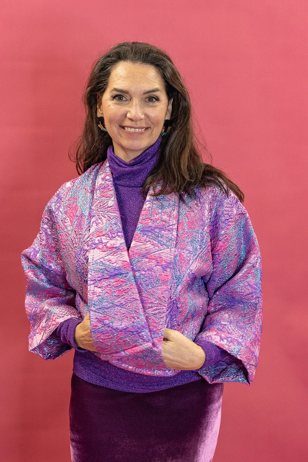 Cropped Kimono Jacket in Pink and Purple