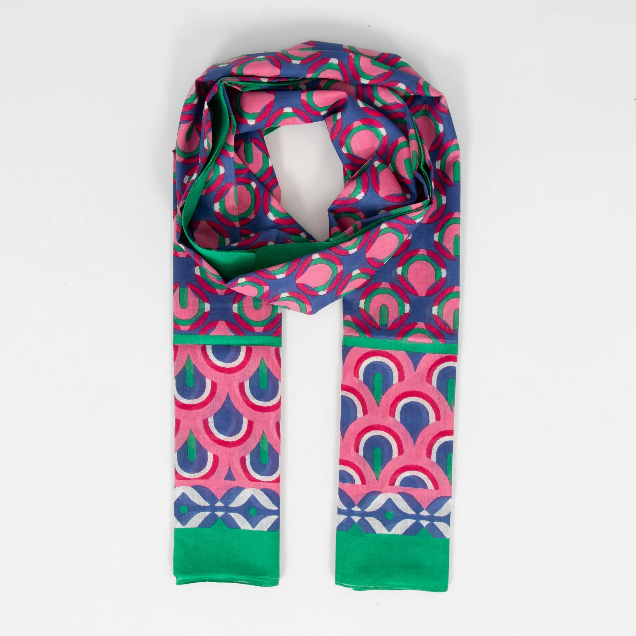 Dahlia Lightweight Cotton Scarf - Green/Pink, Retro Geometric