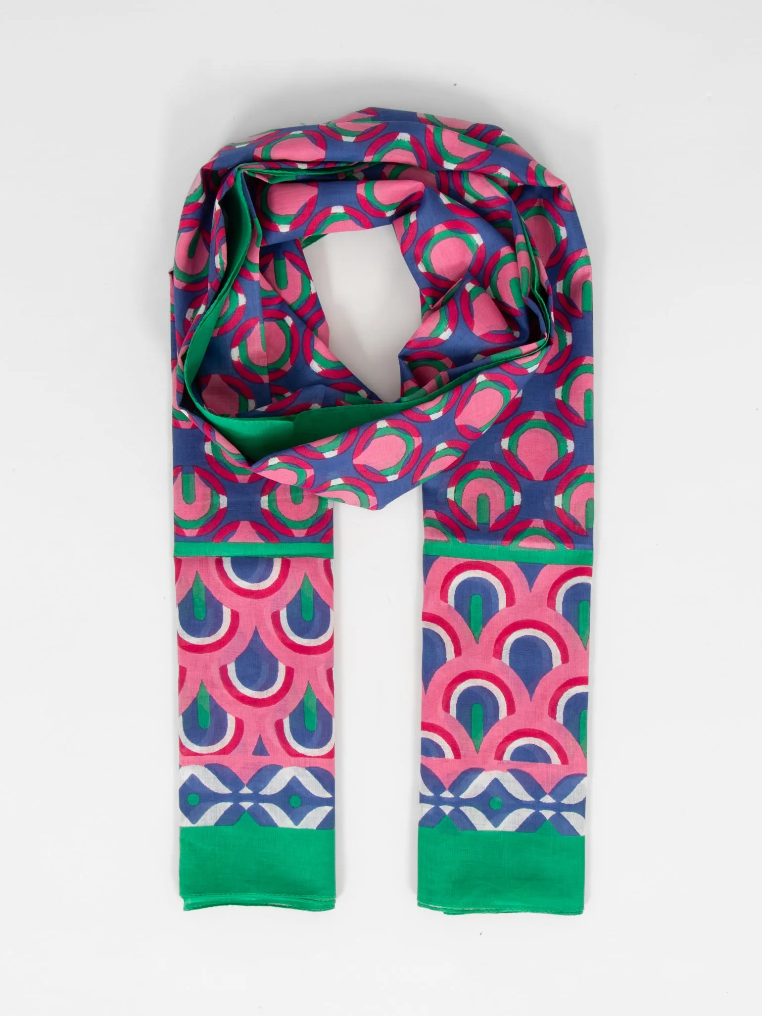 Dahlia Lightweight Cotton Scarf - Green/Pink, Retro Geometric