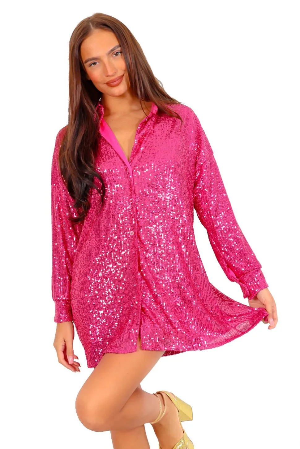 Dont Give A Shirt - Pink Sequin Mini Shirt Dress