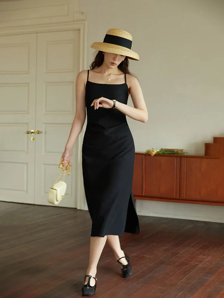 DUSHU Women Long Black Slip Dress Slit Design Elegant Square Neck Slip Dress Adjustable Strap Spring Women Solid Dress