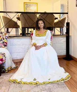 Effortless Yellow and Green Traditional Ethiopian Dress: with Beautiful Embroidery Design Habesha Dress