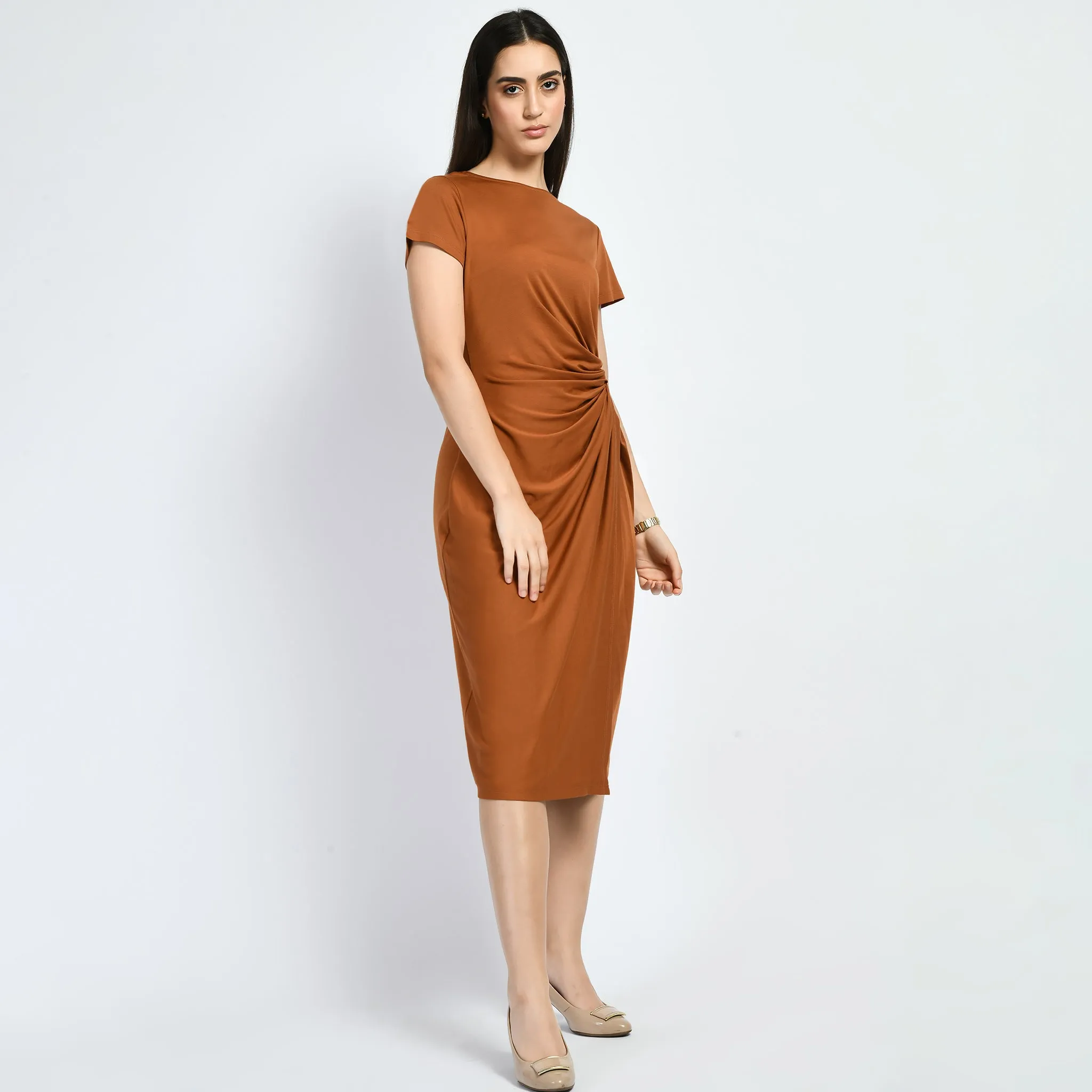 Exude Luminosity Side Knot Wrap Dress (Tan Brown)